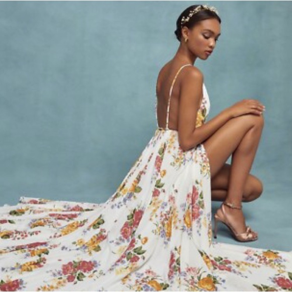 Floral V Neck Side Slit Maxi Dress